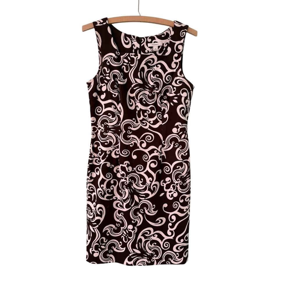 Dressbarn Size 4 Brown & White Damask Print Sleeveless Shift Dress 16.5” PTP